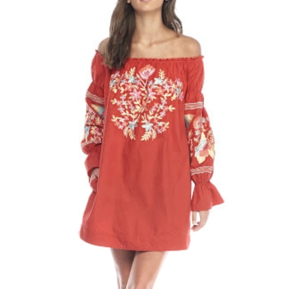Free People Off Shoulder Embroidered Cotton Dress Balloon Sleeves Boho Pocket XS